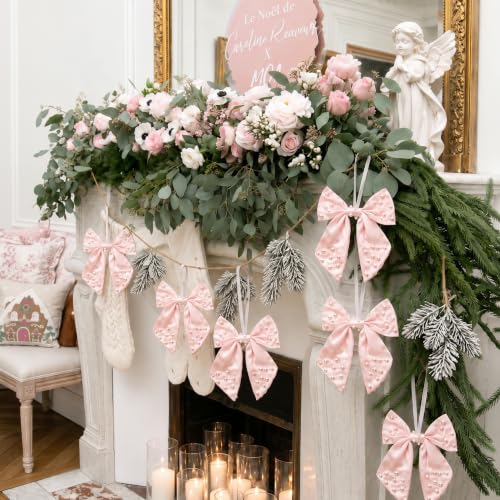 Yinder 12 Pack Pink Pearl Christmas Tree Bow Ornaments Large Satin Holiday Decor