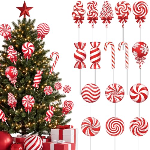 Soaoo 16 Pcs Candy Christmas Tree Decorations - Red & White Peppermint Picks, Holiday Party Decor