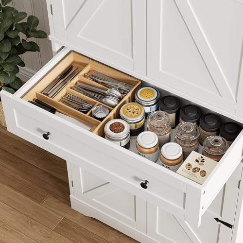 HOSTACK 71-Inch Farmhouse Kitchen Pantry Cabinet White and Rustic Brown, Rustic Storage Cabinet with Barn Doors