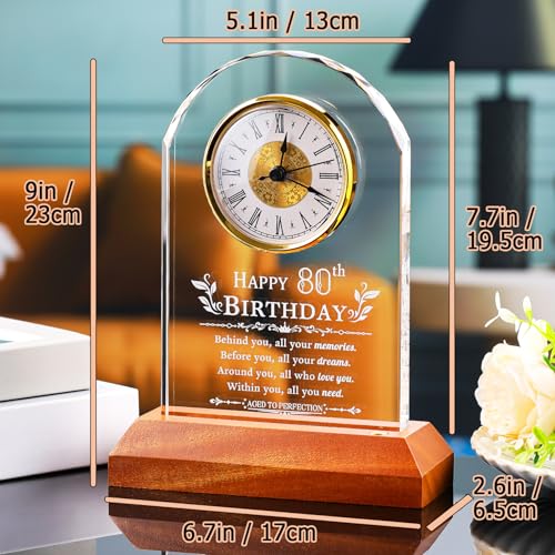 80th Birthday Crystal Quartz Clock Keepsake with Wooden LED Light Base
