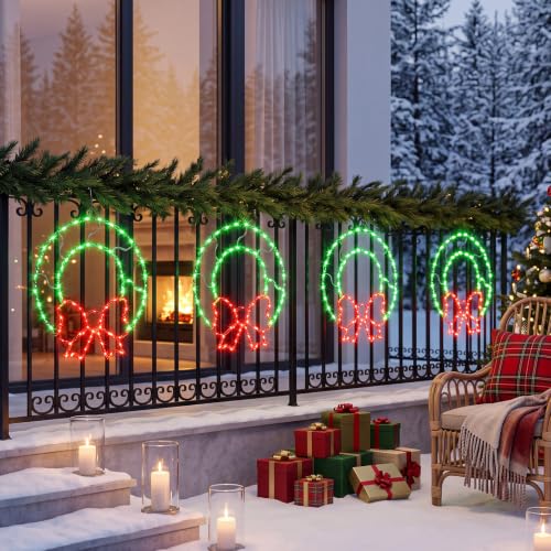 Christmas Window Silhouette Lights with Bow - 4 Pack 13.5in, 80 LEDs, Timer Remote USB Powered