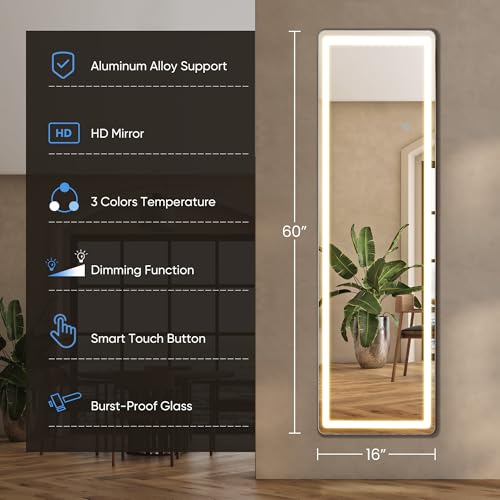16" x 60" LED Full Length Mirror with 3-Color Lighting & Touch Control