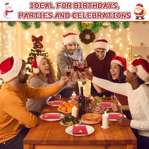 Ctosree 50 Pcs Christmas Napkins with Built-in Flatware Pocket - Red Gold Christmas Tree Theme