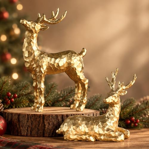 Gold Resin Reindeer Figurines Set of 2 Christmas Tabletop Decor