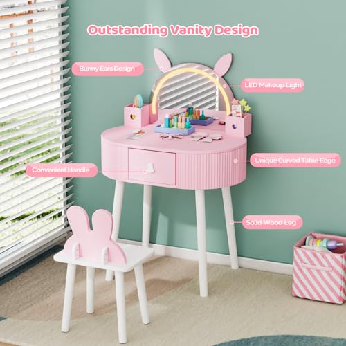 Kids Vanity Set with Lighted Mirror, Rabbit Design Table and Chair, Pink