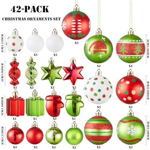 42pcs Christmas Ornaments Set - Red & Green Shatterproof Holiday Decorations