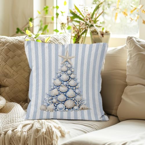 Blue Beach Christmas Tree Throw Pillow Cover 18x18 Home Decor - Seasonal Accent