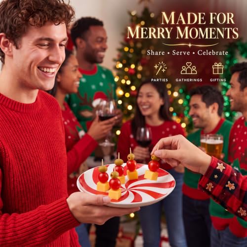 FillTouch Red & White Candy Cane Christmas Plates - 4 Pack Ceramic Serving Platters, 5.91 inches