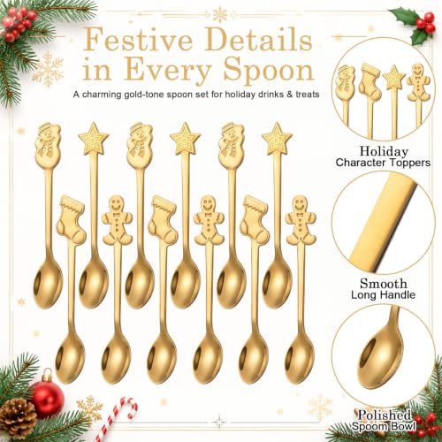 Lasnten Christmas Hot Chocolate Spoons Set - Classic / Gold Stainless Steel 12 Pack