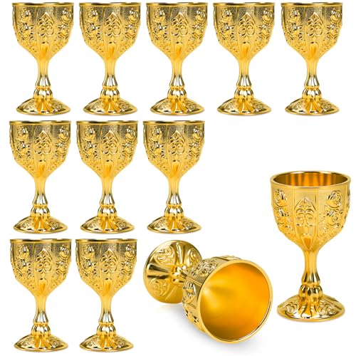12-Piece Mini Vintage Metal Goblet Set, Gold Floral Embossed Shot Glasses