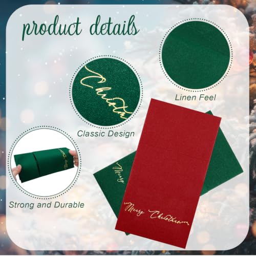 Merry Christmas 100 Pcs Pocket Napkins with Built-in Flatware Pocket (50 Red, 50 Green) - Linen-Feel Disposable