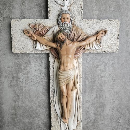 Holy Trinity Crucifix Wall Cross - 9.5-Inch Hand-Painted Stone Resin