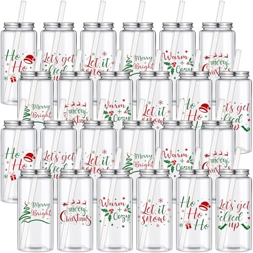 Pickmesh 24 Pack Christmas Cups with Red & Green Lids & Straws - Holiday Party Drinkware