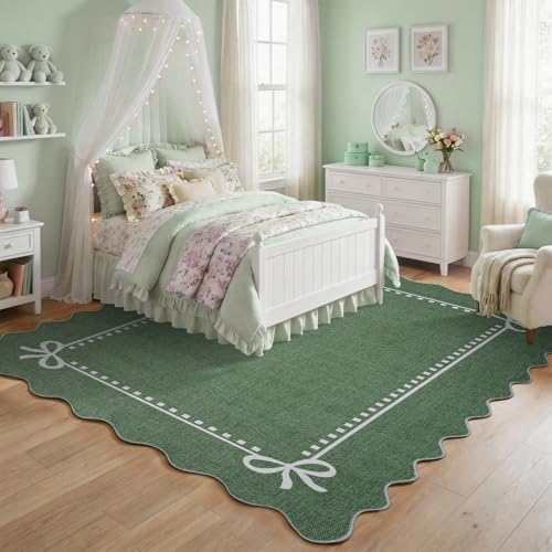 Green Scalloped Bow Christmas Rug 4x6 Area Rug Washable Nursery Decor
