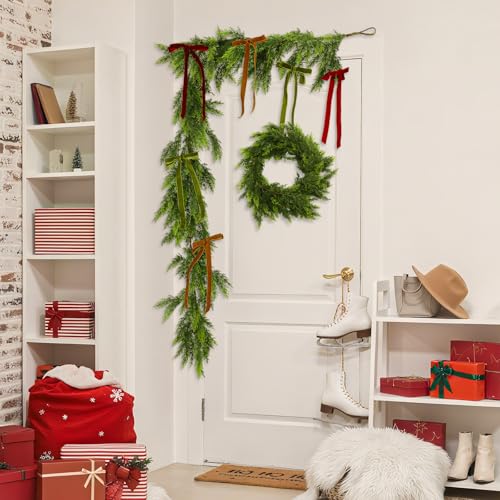 6ft Artificial Cedar Garland with 24 Velvet Bows, Christmas Holiday Decor