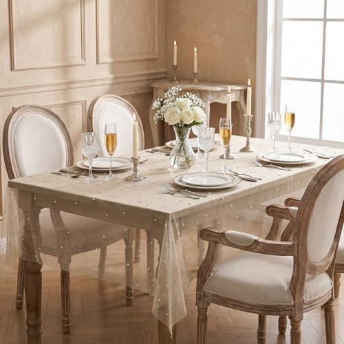 Horaldaily White Beige Pearl Tablecloth 60x104 Inch Rectangular Home Decor