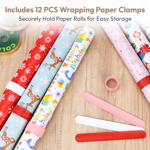 Rolling Wrapping Paper Storage Cart with Ribbon Holder and Slap Bands