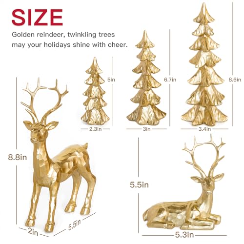 Gleemoria Gold Christmas Reindeer Statue Set with Christmas Trees - Holiday Decor