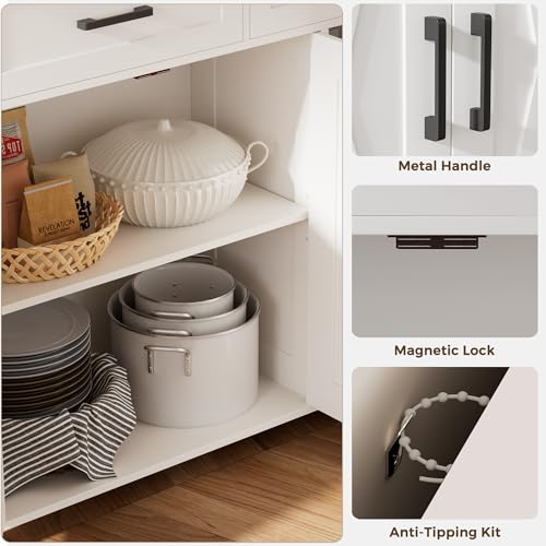 Farmhouse Coffee Bar Cabinet with Drawers and Adjustable Shelves, White