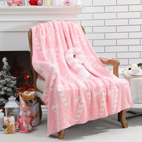 Pink Candy Canes Throw Blanket & Pillow Set - Christmas Home Decor