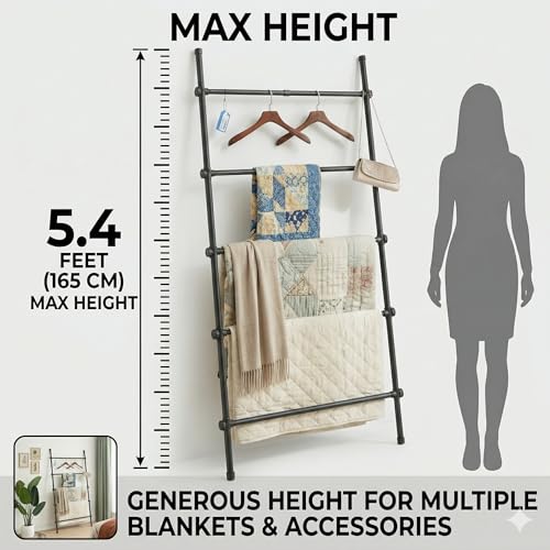 Expandable Blanket Ladder, 5.4 Ft Metal Quilt Holder Rack, Black