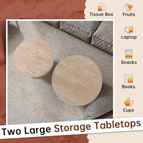 Round Travertine Nesting Coffee Table Set of 2, Modern Nested Side Tables