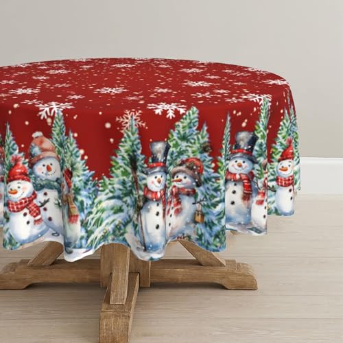 Geoocii Christmas Snowman Tablecloth 60-Inch Round Red Holiday Decor