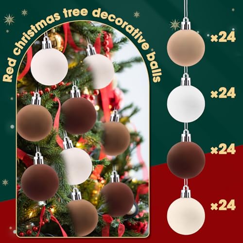 Beeveer 96 Pcs Velvet Christmas Ornaments 1.57'' Flocked Xmas Tree Balls in Khaki, Apricot, Dark Brown, White