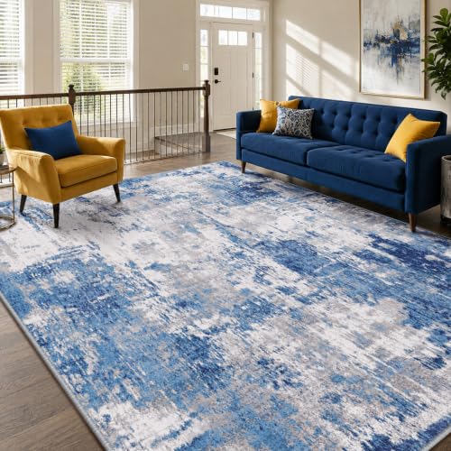 Washable Abstract Area Rug 5x7 Non-Slip Low-Pile Blue Gray Living Room Carpet