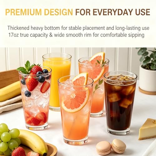 QAPPDA 12 Pack 17oz Clear Glass Drinking Glasses Set - Cocktail & All-Purpose Tumblers