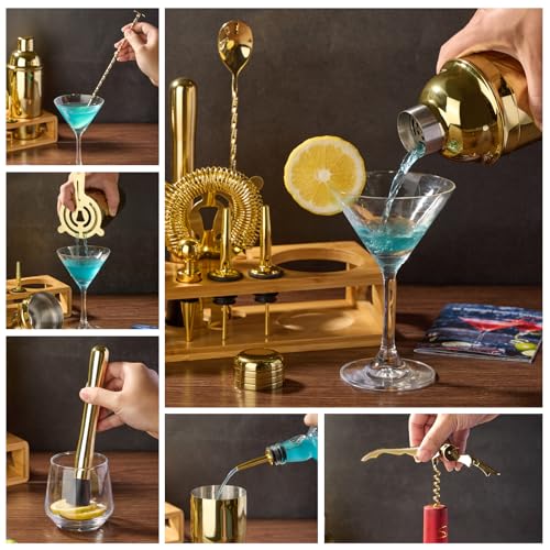 Wukuna 12-Piece Cocktail Shaker Set with Bamboo Stand - Bartender Kit for Home Bar