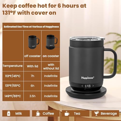 Happiness 16oz Self-Heating Coffee Mug with Temperature Control & Spill-Resistant Lid - Black