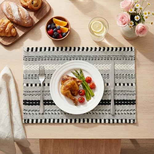 Woven Braided Stripe Placemats Set of 4, 12x18 Inch Farmhouse Table Mats