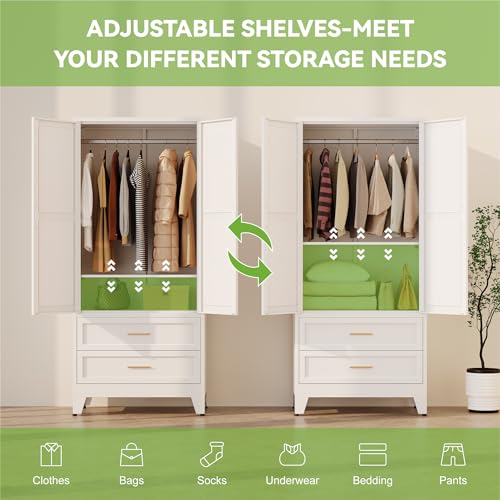 71-Inch Metal Wardrobe Armoire with Hanging Rod and 2 Drawers - White