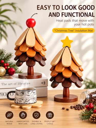 KOWINDA Christmas Tree Coasters Set of 5 with Stand – Foldable Heat-Resistant Trivets (Colorful-star) for Pots & Pans