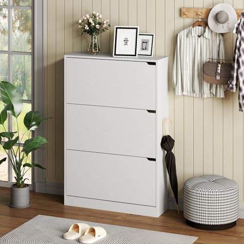 Freestanding Wood Shoe Cabinet with 3 Flip Drawers - White Entryway Storage