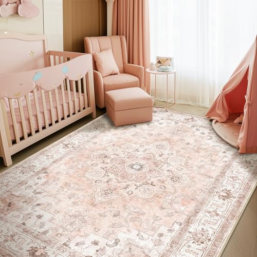5x7 Washable Floral Area Rug – Non-Slip Pink Low Pile Nursery Carpet