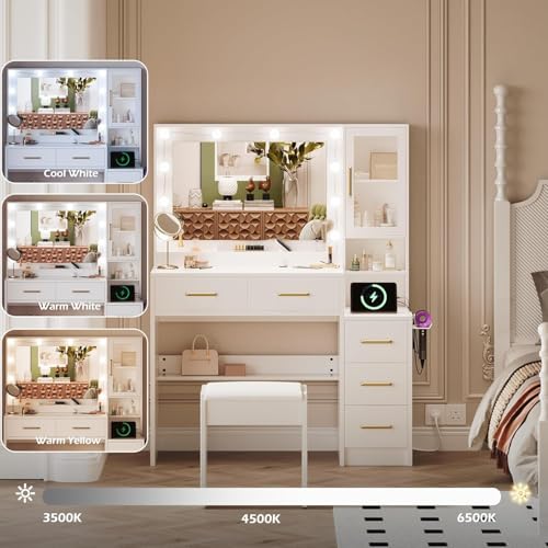 Makeup Vanity Table with Lights, Charging Station and 5 Storage Drawers