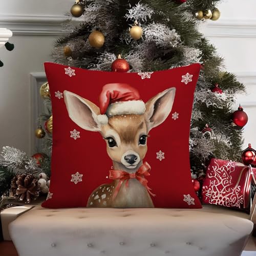 RLCMO Christmas Deer Hat Snowflake Throw Pillow Cover 18x18 Brown