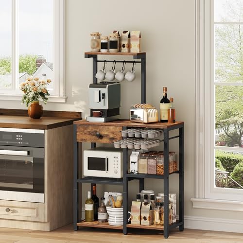YATINEY Rustic Brown & Black 5-Tier Coffee Bar Rack with Storage & Pod Holder