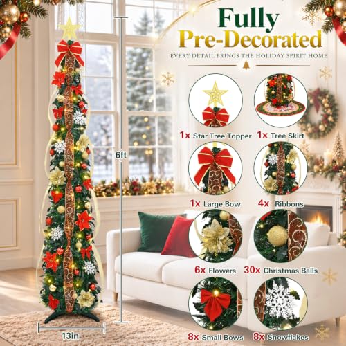 Red 6Ft Pre-Lit Christmas Tree with Lights & Decorations - Slim & Collapsible