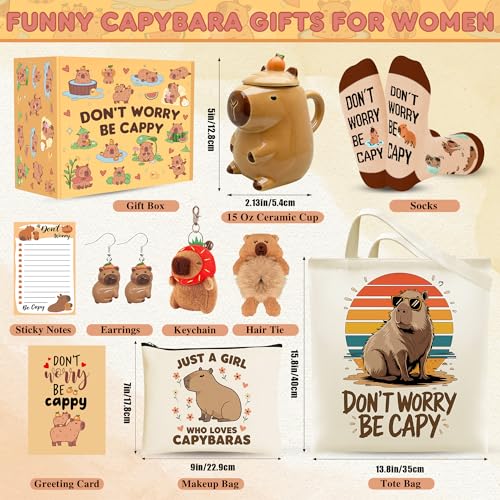 Capybara Lover Gift Set - 10 Pieces: Capybara Themed Cup, Tote Bag, Makeup Bag, Socks, Hairband, Sticky Notes, Earrings & Greeting Card