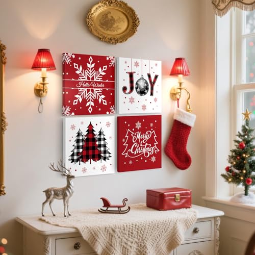 APJYM Red Buffalo Plaid Christmas Wall Art - Framed 11x14, Set of 4 (RESD19) Farmhouse Holiday Decor