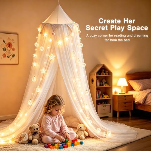 Princess Bed Canopy with Star Lights - Breathable Mesh for Kids Bedroom