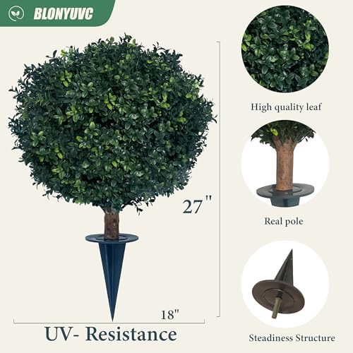 27-Inch Artificial Boxwood Ball Bush with Spike, UV-Resistant 2-Pack