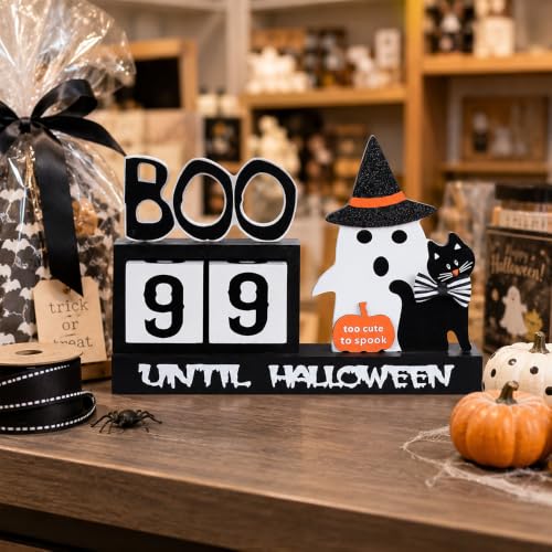 Wooden Halloween Countdown Calendar with Movable Number Blocks & Ghost Decor