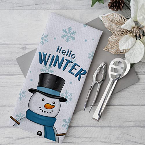 Seliem Hello Winter Snowman Kitchen Dish Towel Set of 2 - Blue Snowman, Let it Snow Snowflakes, Holiday Xmas Decor, 18x26 Inches - White Variation