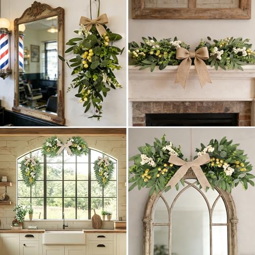 3-Piece Artificial Eucalyptus and Olive Leaf Teardrop Swag Set with Linen Bows