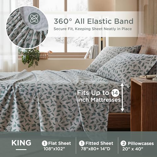 Woolrich King Flannel Sheet Set with Pine Branches Print, 100% Cotton 14" Pocket Fits King