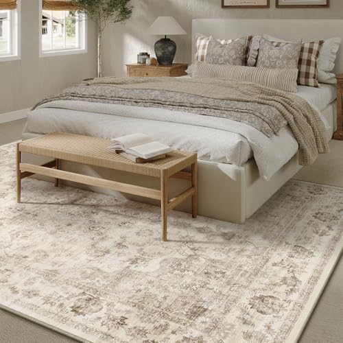 8x10 Beige Neutral Area Rug, Washable Non-Slip Vintage Farmhouse Rug